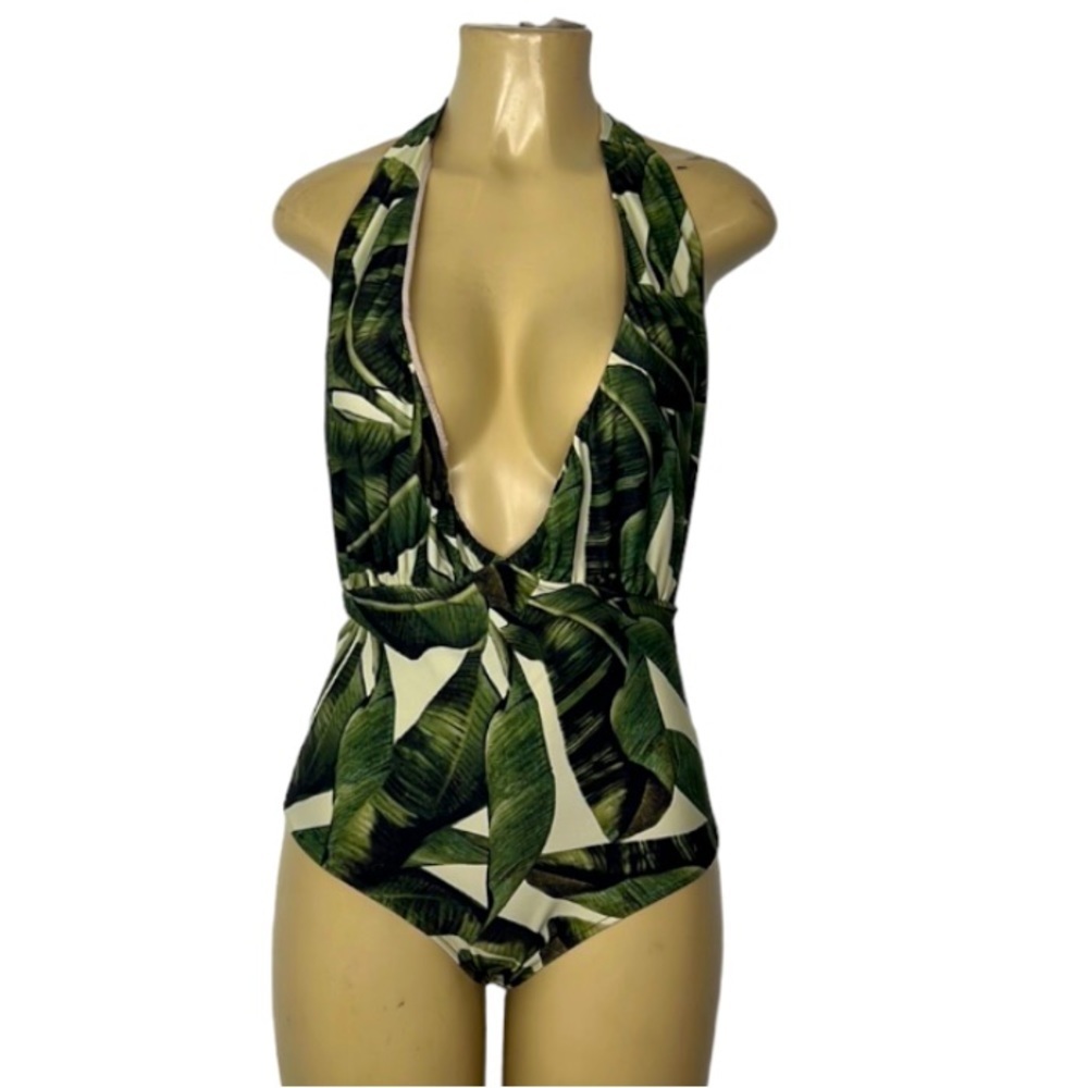 Adriana Degreas trópical print chic swimsuit in dark green leafs print